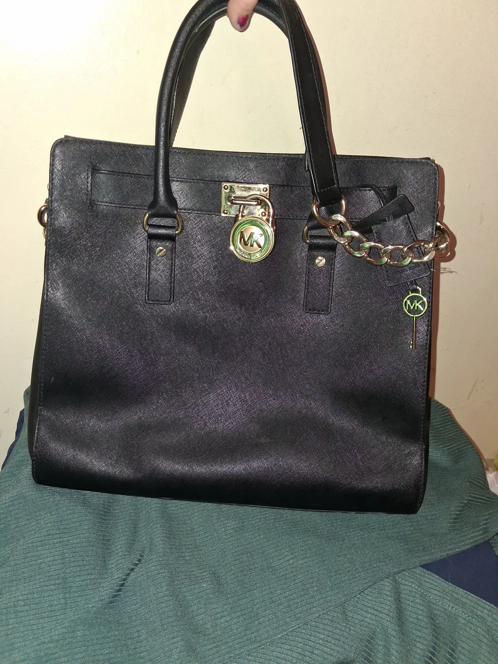 Michael Kors Black Leather Tote with Gold Accent Charm